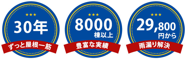 ずっと屋根一筋30年 豊富な実績8000棟以上 雨漏り解決29,800円から
